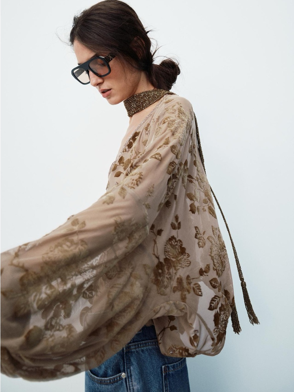ZARA FLOCKED EMBROIDERED BLOUSE - Picture 4 of 10